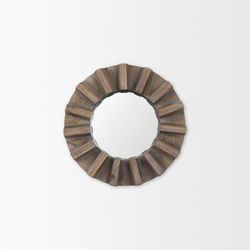 Sprocket Brown Solid Wood Frame Round Mirror, 17"