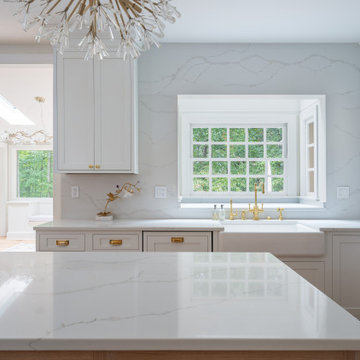 Château Charm: French-Inspired Kitchen Renovation with Plaster Hood Blue Stove a