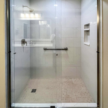 Timeless White Vanity Paired with Luxury Tiled Shower