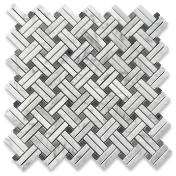 Carrara White Diagonal Basket Weave Gray dots Marble Mosaic Polished, 1 sheet
