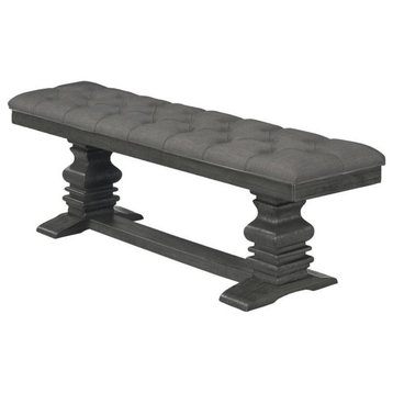 Dark Gray Linen Fabric Dining Bench in Dark Gray Wood and Tufted Seats