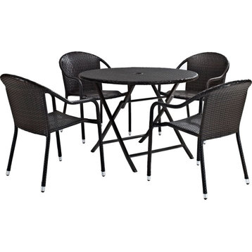 5 Pieces Patio Dining Set, Wicker Round Table and Stackable Chairs, Brown Finish