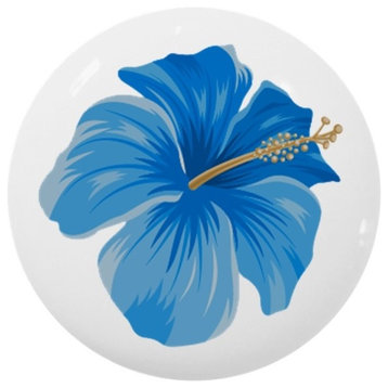 Blue Hibiscus Ceramic Cabinet Drawer Knob