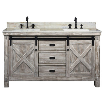 61" Solid Fir Barn Double Sink Vanity Arctic Pearl Marble Top, Wk8560-W+cs Sq To