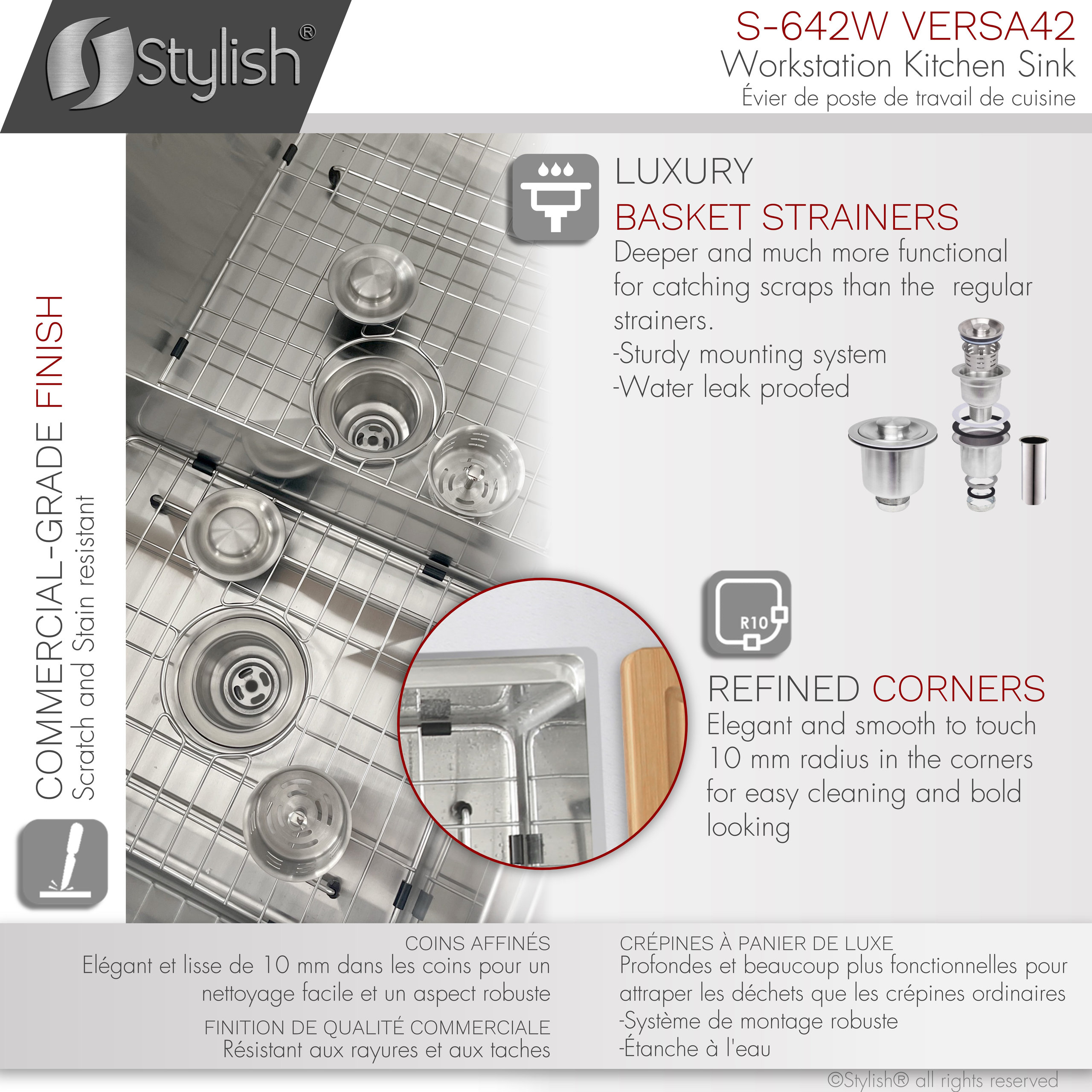 STYLISH 42"x19 W" Undermount 70/30 Double Bowl 16G Workstation Kitchen Sink