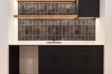 Example of a mid-sized country single-wall wet bar design in Calgary with flat-panel cabinets and black cabinets