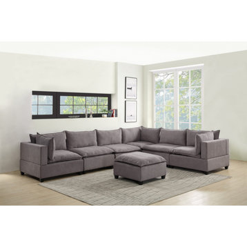 Madison Down Feather 7 Piece Modular Sectional Sofa With Ottoman, Light Gray
