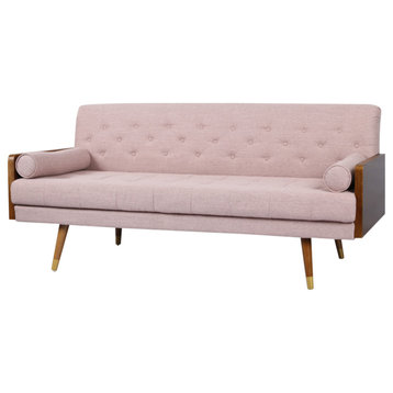 GDF Studio Aidan Mid Century Modern Tufted Fabric Sofa, Light Blush/Dark Walnut