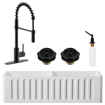 36" Double Bowl Solid Surface Reversible Sink and Faucet Kit, Matte Black