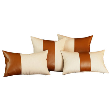 White And Brown Faux Leather Lumbar Pillow Cover