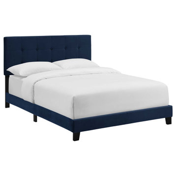 Amira Twin Upholstered Velvet Bed, Midnight Blue