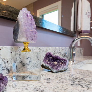Modern Main Bathroom With a White Shaker Style Vanity and Lavender Walls