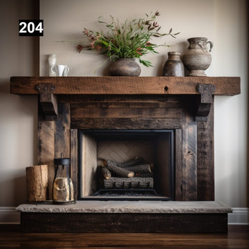 Reclaimed Wood Beam Fireplace Mantel with Iron Corbels