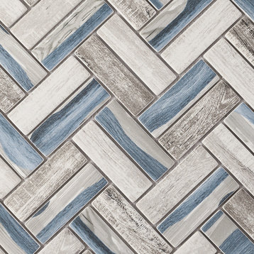 Recycle Glass Wooden Look Blue Herringbone Mosaic Tile Backsplash