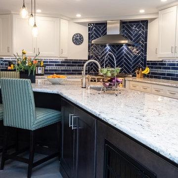 Coastal Navy & White Kitchen Remodel | Quartz Island & Herringbone Tile