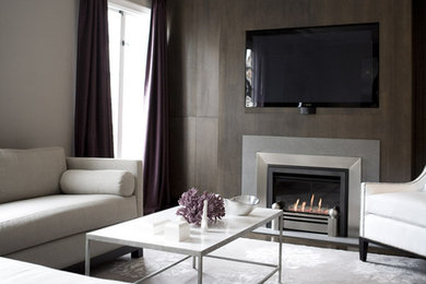 Contemporary living room in San Francisco with grey walls and a standard fireplace.