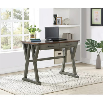 Traditional Desk, Geometric Legs With Trestle Support & 2 Drawers, Slate Gray