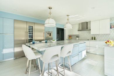Mid-sized trendy u-shaped kitchen photo in New York with flat-panel cabinets and an island