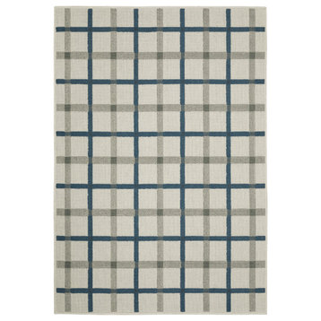 Teagan Geo Squares Beige and Blue Outdoor Power-Loomed Area Rug, 1'10"x3'9"