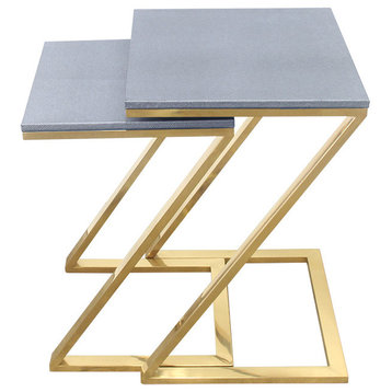 Walter Z-Leg Nesting Tables, Faux Shagreen and Gold Metal, 2 Piece Set