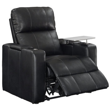Modern Recliner, Faux Leather Seat With Swiveling Tray and Cup Holders, Black