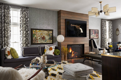 Large eclectic formal open concept living room in Minneapolis with grey walls, dark hardwood floors, a standard fireplace, a wood fireplace surround and no tv.