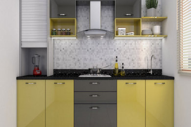 Imagen de cocina contemporánea de tamaño medio con fregadero de un seno, armarios con paneles lisos, puertas de armario amarillas, encimera de granito, suelo blanco y encimeras negras