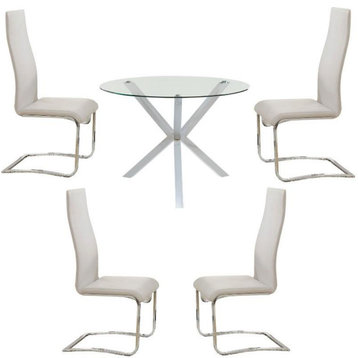 Home Square 5 Piece Set with Round Glass Top Dining Table and 4 Chairs in Cream