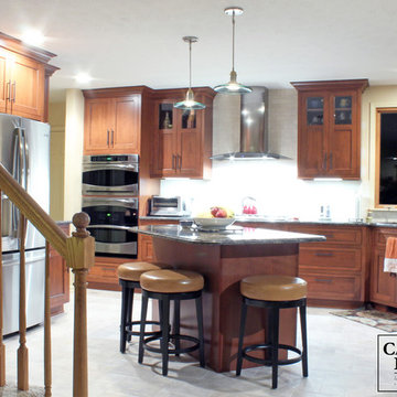 Red Cherry Transitional Kitchen with Cherry Island
