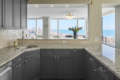 Mid-sized transitional u-shaped multicolored floor open concept kitchen photo in Chicago with shaker cabinets, black cabinets, white backsplash, stainless steel appliances and an island