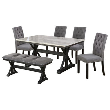 Light Espresso Faux Marble Dining Set with Dark Wood Base and Gray Chairs