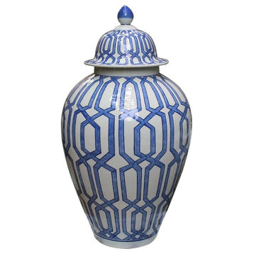 Blue and White Chain Geometric Porcelain Temple Jar, 22.5"