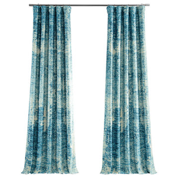 Strata Blue Printed Linen Textured Room Darkening Curtain Single Panel, Strata Blue, 50w X 96l