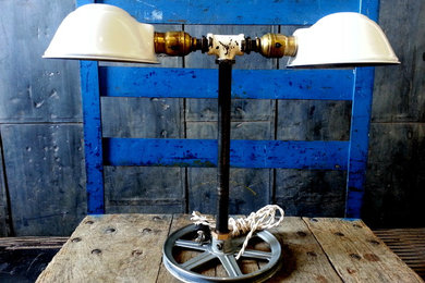 Double-Arm Industrial Table Lamp (white shades)