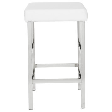 26" Backless Stool in White Fabric with Polished Chrome Legs