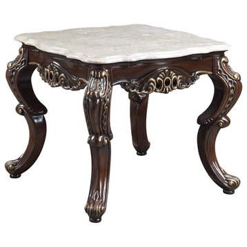 Wood and Marble End Table, Antique Oak and White