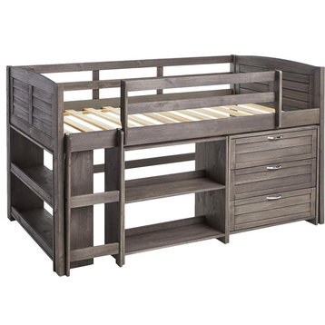 Twin Loft Bed, Slat Support With Safety Guard & 3 Storage Drawers, Antique Grey