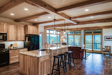 Farmhouse l-shaped dark wood floor eat-in kitchen photo in Denver with an undermount sink, medium tone wood cabinets and an island