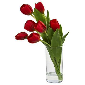 Tulip Artificial Arrangement, Cylinder Vase, Red