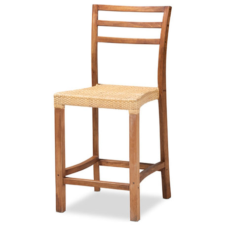 Modern Walnut Brown Finished Wood and Natural Rattan Counter Stool