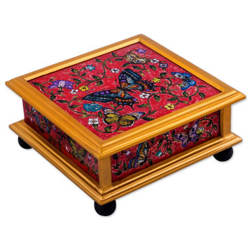 NOVICA Red Winter Butterflies And Reverse Painted Glass Decorative Box