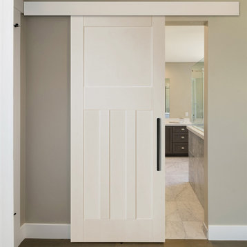 Shaker Wood Sliding Barn Door with 10 different panel designs, Primed White, 36"x84"