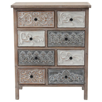 Rustic Carved Wood 8-Drawer Chest End Table