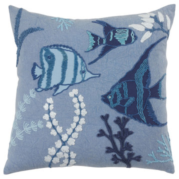 Stonewashed Throw Pillow With Fish Design, Blue, 20"x20", Poly Filled