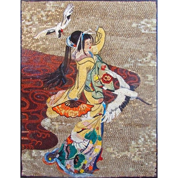 Dancing Japanese Geisha Marble Mosaic Mural, 46"x59"