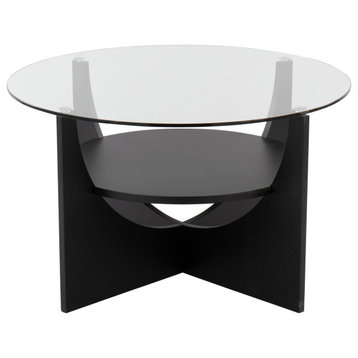 U-Shaped Coffee Table, Black Wood, Clear Glass