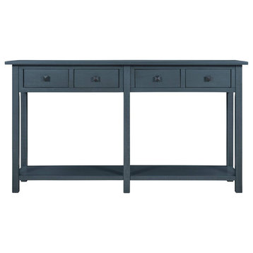 Narrow Console Table, Hardwood Frame With 4 Drawers and Long Shelf, Antique Navy