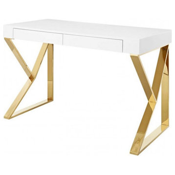 Jordan 2-Drawer Desk White Lacquer, Gold Legs