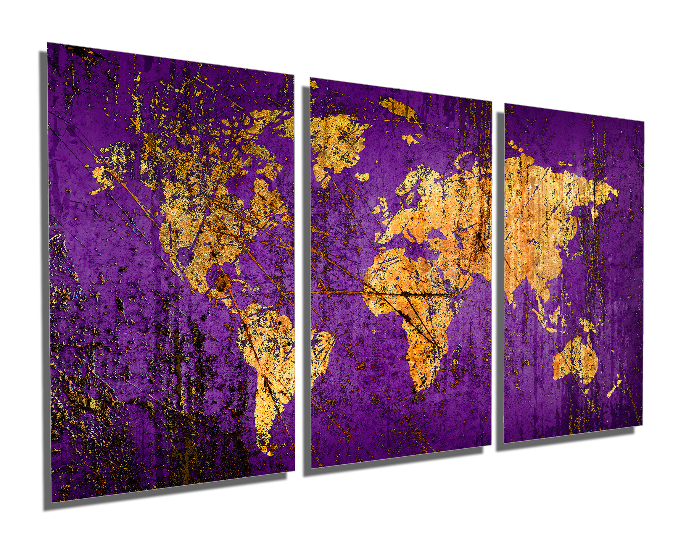 Abstract Purple World Map, Metal Print Wall Art, 3 Panel Split ...