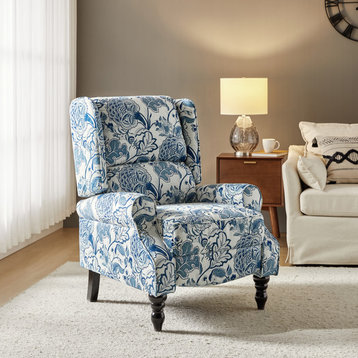 Modern Push-Back Plaid Recliner with Rolled Armrest, Jacobean